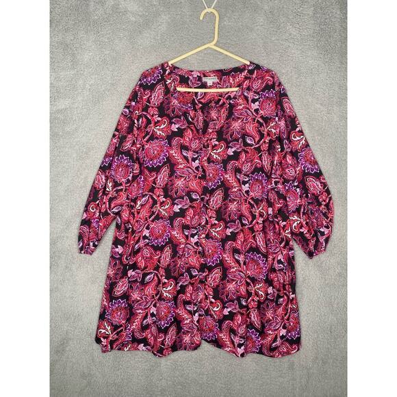 Catherines roll tab sleeve button up pink floral dressy stretch career girly 3X - Picture 1 of 9